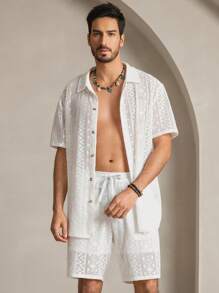 Manfinity ModaGents 2pcs Men's Casual Loose Woven Short Sleeve Shirt And Elastic Waist Straight Leg Shorts Set