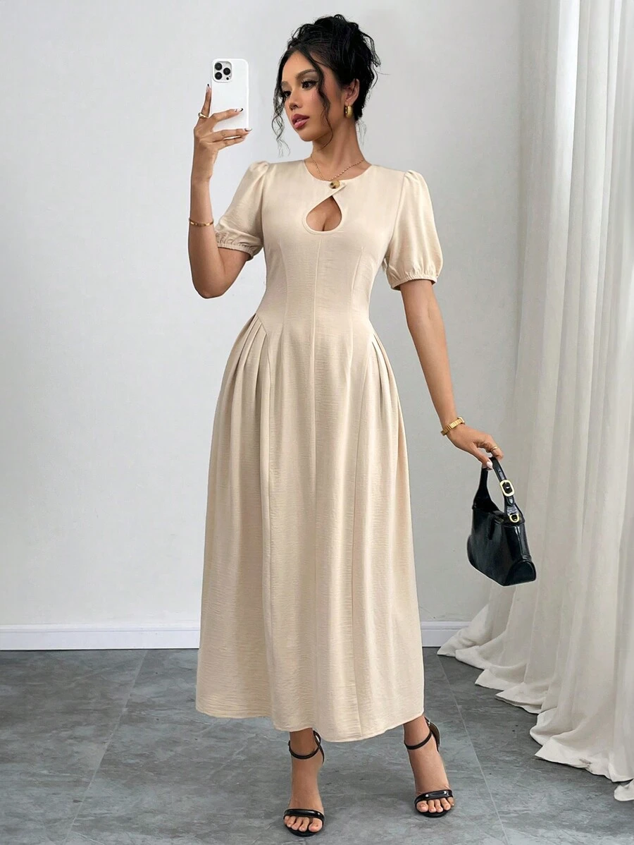 Elenzga Robe à manches longues et col rond pour femmes avec design découpé en forme de goutte, taille drapée, coupe évasée, couleur unie, automne/hiver