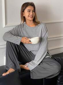 DAZY 2pcs/Set Women Loose Solid Color Long Sleeve Home Wear Set, Spring - Grey - View 3