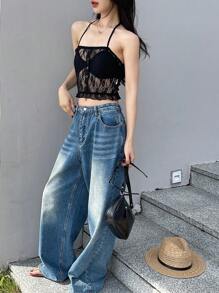 DAZY 女式纯色简约休闲蕾丝露背短款上衣节日舞会礼服透明