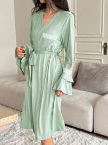 DAZY Loose Soft Comfortable Solid Color Lace Patchwork Women's Robe Pajama - Mint Green - View 4