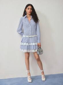 MOTF STUDIO 水钻条纹褶皱下摆中长连衣裙 - 藍白色 - 查看 5