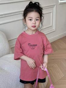 Dazy Kids Young Girl Letter Print Round Neck Loose Fit Drop Shoulder Casual T-Shirt Summer - Hot Pink - View 4