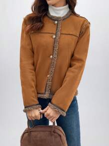 SHEIN LUNE Casual Deer Plush Faux Fur Thick Contrast Color Snap Button Decor Women Faux Leather Jacket