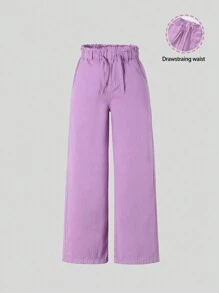 Girls' Elastic Waistband Adjustable Drawstring Casual All-Match Simple Classic Purple Denim Wide-Leg Pants
