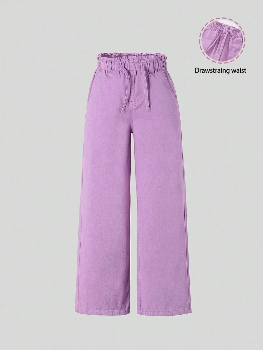 Girls' Elastic Waistband Adjustable Drawstring Casual All-Match Simple Classic Purple Denim Wide-Leg Pants