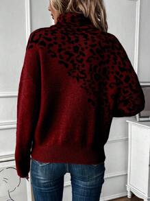 SHEIN LUNE Women Leopard Print Turtleneck Loose Fit Knitted Pullover, Autumn/Winter