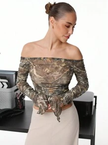 Aloruh Elegant Off Shoulder Fitted Flared Sleeve Vintage-Style Printed Mesh Blouse - Grey - View 4