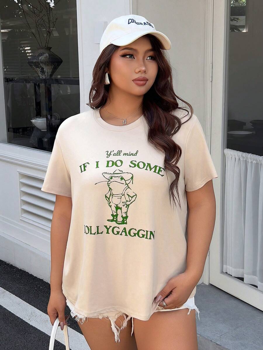 INAWLY Áo phông cỡ lớn, Đầm mùa hè cho nữ Áo phông họa tiết cho nữ - Màu be - Xem 1