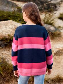SHEIN Vestiti per ragazze adolescenti in stile casual all'aperto, maglione pullover a righe caldo e confortevole per ragazze adolescenti, alla moda e versatile per l'uso quotidiano, le gite, la fotografia di strada in città - Rosso - Visualizzare 2