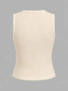 SHEIN BASICS Women's Solid Color Knit Sleeveless Crew Neck Slim Fit Tank Top - Apricot - View 2