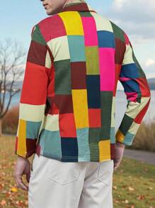 Men's Casual Loose Plaid Print Long Sleeve POLO Shirt, Autumn