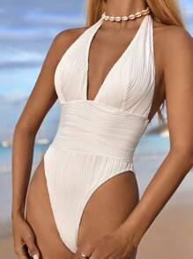 Swim Chiccia Summer White Knitted Jacquard V-Neck Elegant Style Women One-Piece Swimsuit