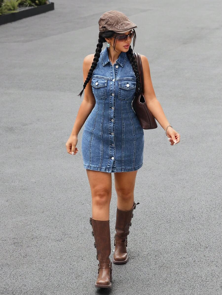 Váy denim đơn ngực không tay thường ngày dành cho nữ - Màu xanh lam - Xem 1