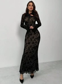 Firerie Festival New Elegant Sexy Party Black Floral Flocked Flocked Mesh Stand Collar Hollow Out 3D Floral Decor Flare Sleeve Bodycon Mermaid Maxi Dress, Spring/Summer Outfits Valentine's Day