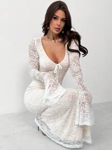 Firerie Women's Summer Boho Festival Old Money Elegant Minimalist Romantic V-Neck Lace Flare Sleeve Mermaid Dress, Basic Work Party Banquet White Dress,White Graduation Dress - White - View 1