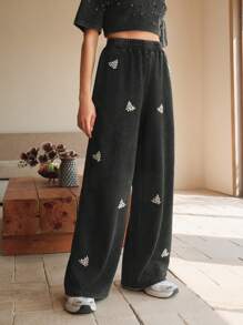 Anewsta Calças Pantalona Pretas de Alta Qualidade, Tricotadas, Lavadas com Areia, Pesadas e Forradas para Outono/Inverno