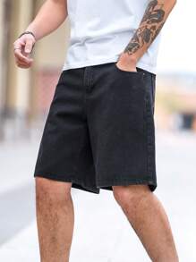 Manfinity Homme Men's Slogan & Flame Print Pocket Loose Denim Shorts - Black - View 4