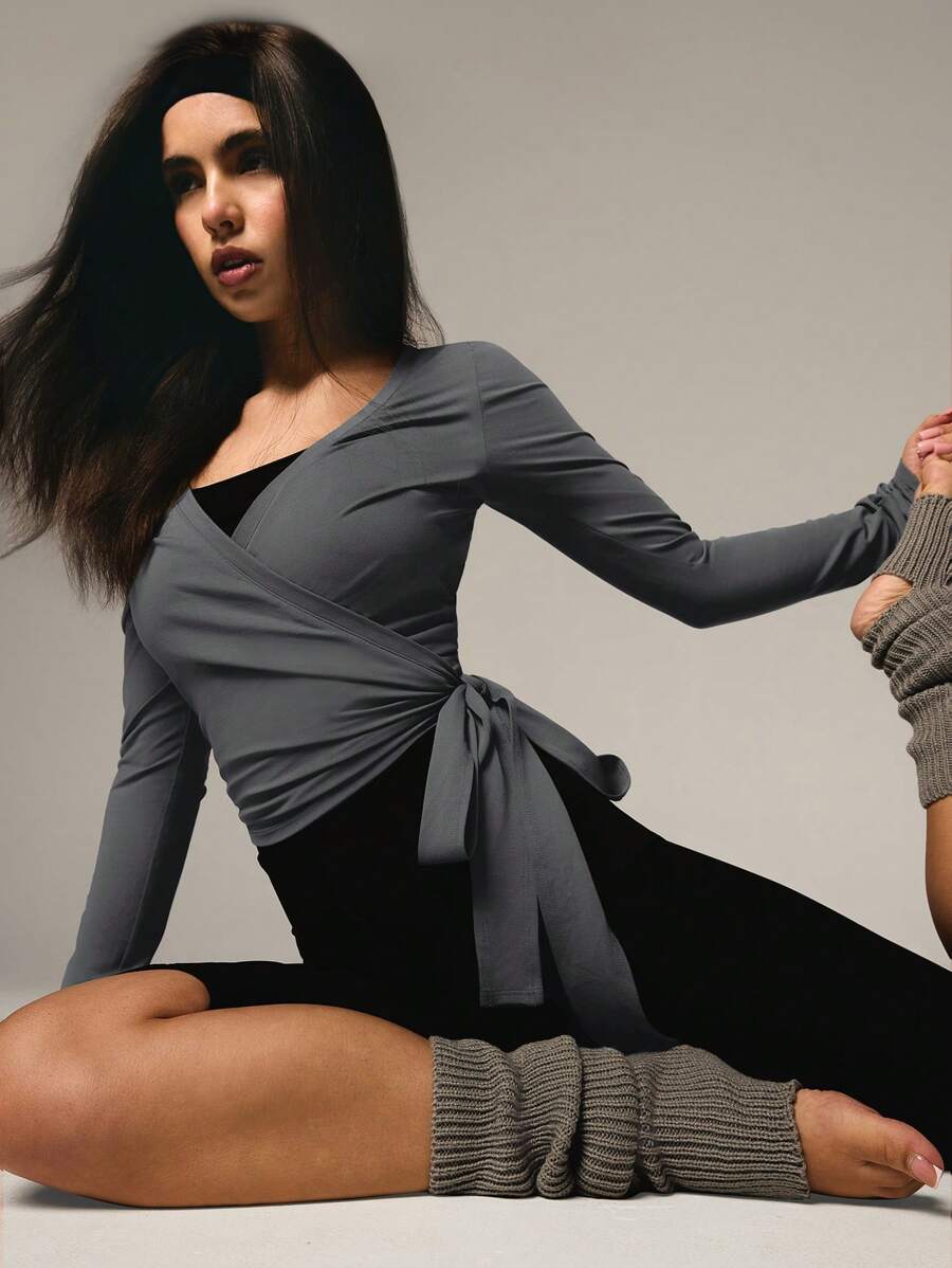 SHEIN X Scot Louie Athîral Áo cánh dài tay buộc dây màu trơn ôm vừa vặn cho nữ, mặc thường ngày & thường ngày - Màu xám đen - Xem 1
