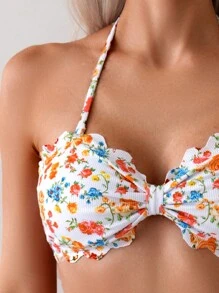 SHEIN Swim Trajes de baño de primavera para mujer, conjunto de bikini con estampado floral pequeño y tela con textura estriada, con tirantes desmontables en un estilo dulce y elegante, atuendo de playa para vacaciones - Multicolor - Ver 4