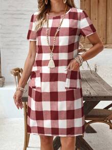 EMERY ROSE Damen Kurzarm Rundhals-Kleid mit Karo-Muster und 2 Taschen, Lässig-Stil
