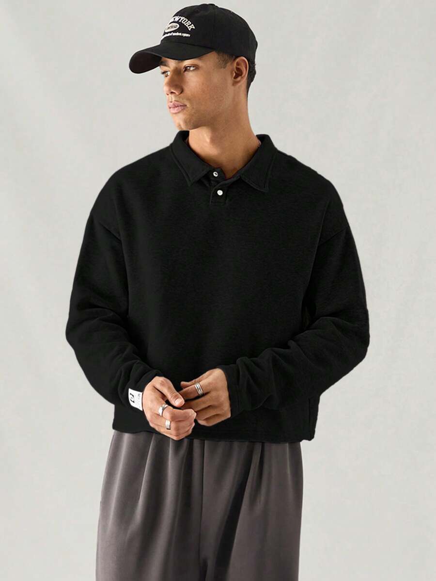 SWAVVY 男士时尚针织休闲宽松半扣长袖 Polo 衫，适合年轻人日常穿着、上学、秋季 - 黑色 - 查看 1