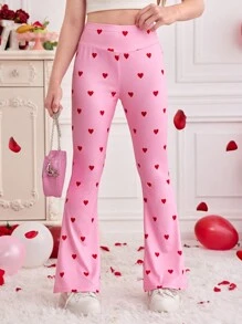 1pc Valentine's Day Tween Girl's Pink Heart Allover Print High Waist Flare Pants For Spring/Summer - Pink - View 1