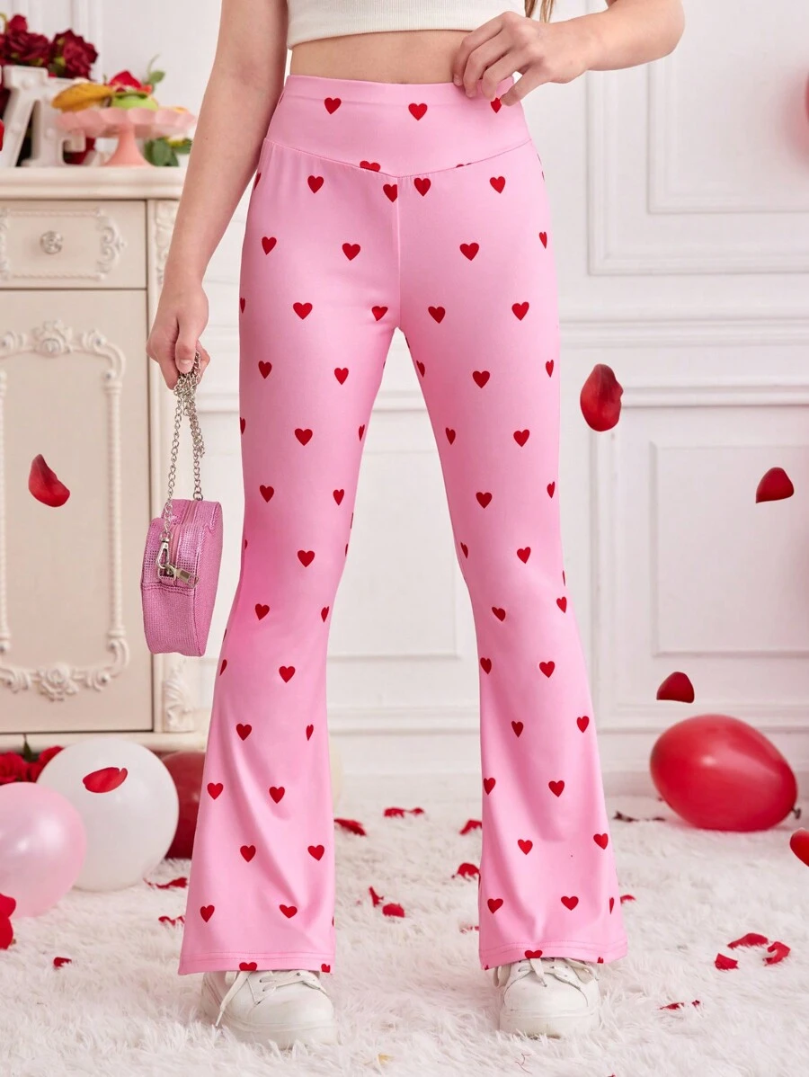 1pc Valentine's Day Tween Girl's Pink Heart Allover Print High Waist Flare Pants For Spring/Summer - Pink - View 1