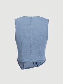 SHEIN MOD 女士牛仔修身休闲斜襟背心，蓝色 - 淺色水洗藍 - 查看 2