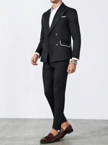 Manfinity Bizformal Completo casual da uomo in tinta unita con patchwork, giacca a maniche lunghe con bottoni davanti e pantaloni, abito da uomo, outfit da matrimonio per uomo, abito formale da uomo
