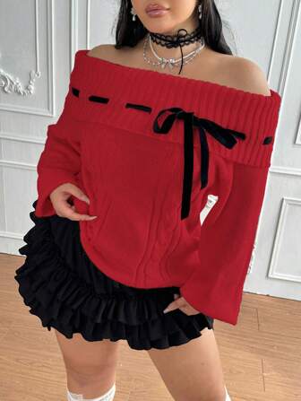 Lyrianda Plus Size Stylish Sexy Open Shoulder Tied Cable Knit Contrast Color Long Sleeve Off Shoulder Sweater For Women, Autumn/Winter Knit Pullover Fall Sweater