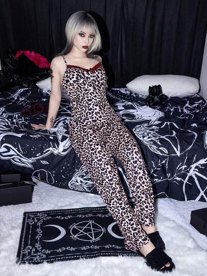 Grunge Punk Dark Punk Y2K Leopard Print Camisole Top & Long Pants Pajama Set