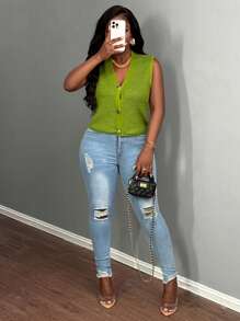BamGleam New Green Metal Big Button V-Neck Sweater Vest, Hollow Out Cardigan For Casual Outdoor Wear, Sexy Minimalist Knit Vest, Suitable For Autumn/Winter/Spring