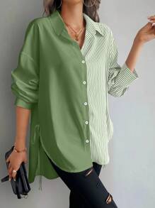 SHEIN LUNE Blusa asimétrica casual de mujer con bloques de color y rayas, camisa de mujer para primavera/otoño