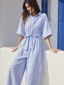 EMERY ROSE Women Striped Batwing Sleeve Casual Wide Leg Shirt Jumpsuit - Blue and White - View 5