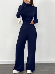 RosyDaze 女式优雅海军蓝两件套连体裤套装，含长袖褶饰上衣和阔腿裤 - 藏蓝色 - 查看 5