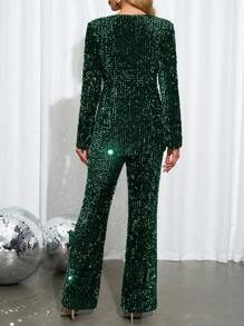 SHEIN Clasi Sequins Jacket And Pants Set For Women, Suitable For Party Wear - Dark Green - View 2