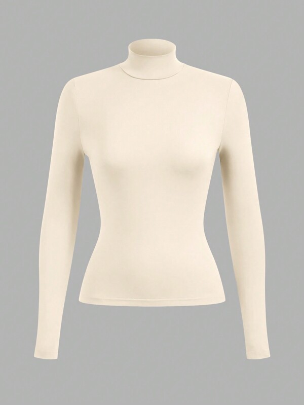 RueChic Women's Cream Turtleneck Top: Slim Fit, Long Sleeve, Mock Neck