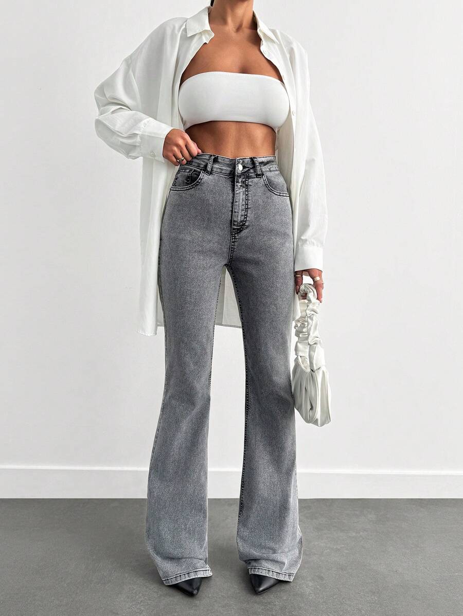 SHEIN Tall 98%Cotton HIGH RISE FLARED LONG BLACK JEAN TALL - Grey - View 1