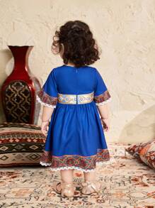 SHEIN Babygirl Blue Floral Pattern Short Sleeve Dress, Summer