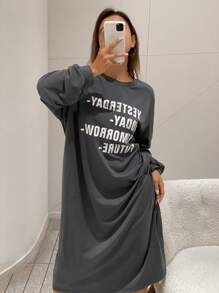 DAZY Letter Print Decor Loose Fit Women Spring Home Dress - Dark Grey - View 3