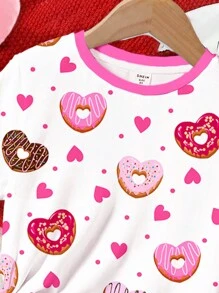 SHEIN Leap Crew Tween Girls Casual Cartoon Donut & Heart Print Short Sleeve T-Shirt & Pants 2 Pieces Loungewear Set - Multicolor - View 4