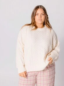 Aralina Curve Cozy Knitted Ivory Cable Crewneck Plus Size Sweater