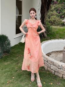 DAZY Women V-Neck Floral Drawstring Waist Cap Sleeve Mid-Length Dress - Pink - View 7