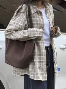 DAZY 女式复古格子长袖衬衫，秋季服装，法兰绒女装 - 棕色 - 查看 8