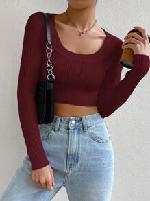 SHEIN X Antonella SHEIN EZwear Scoop Neck Ribbed Knit Crop White Sweater