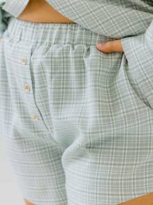 Aralina Curve Light Green Button-Front Gingham Boyfrieend Shirt And Shorts Set - Green - View 4