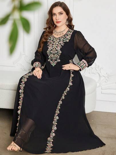 Al Najma Plus Size Custom Made Floral Lace Trim Round Neck Cinched Waist Elegant Maxi Dress, Modest Kaftan