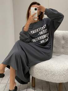 DAZY Letter Print Decor Loose Fit Women Spring Home Dress - Dark Grey - View 1