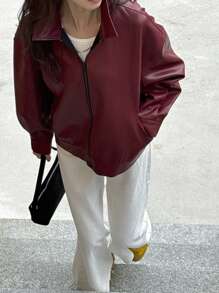 DAZY 宽松男友风立领拉链长袖机车夹克，秋季女装外套 - 酒紅色 - 查看 8